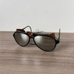 Ray-Ban Black Polarized Round Pilot Sunglasses with Brown Leather Side Shields
